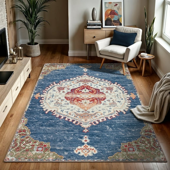 GLN Rugs Anatolium - Indoor, Machine Washable Area Rug 6'6"x9'6" Turkish Blue Home Carpet