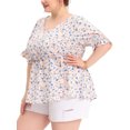 thumbnail image 4 of Unique Bargains Women's Plus Size Floral Ruffle Smock Sleeve V Neck Babydoll Top, 4 of 6