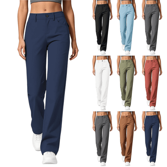 Women's Straight Leg Solid Color Pants Casual High Waisted Stretch Buttoned Waistband Casual Trousers with Pockets
