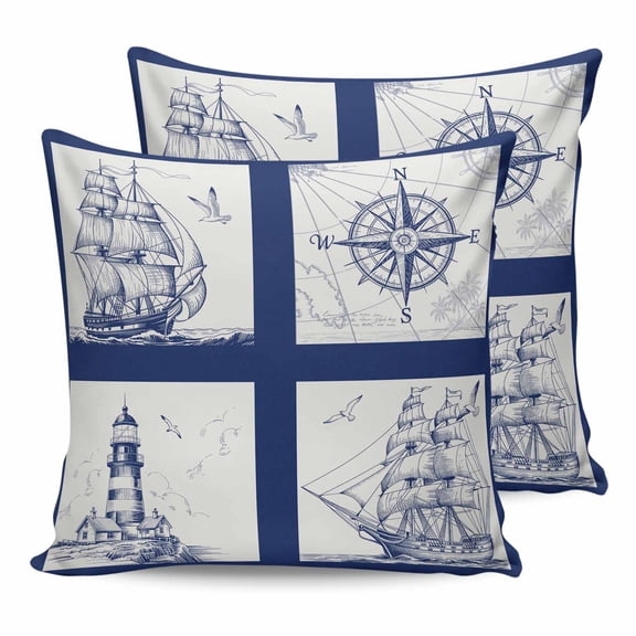 20x20 Pillow Covers Set of 2, Nautical Navy Throw Pillow Covers Decorative Couch Cushion Case, Blue Lighthouse Boat Compass Ocean Microfiber Square Pillowcases for Bedroom Car Living Room