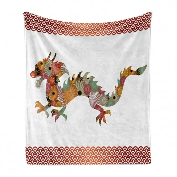 Dragon Soft Flannel Fleece Throw Blanket, Floral Ornamental Dragon Body Silhouette with Classic Japanese Wavy Folk Pattern, Cozy Plush for Indoor and Outdoor Use, 50" x 70", Multicolor, by Ambesonne
