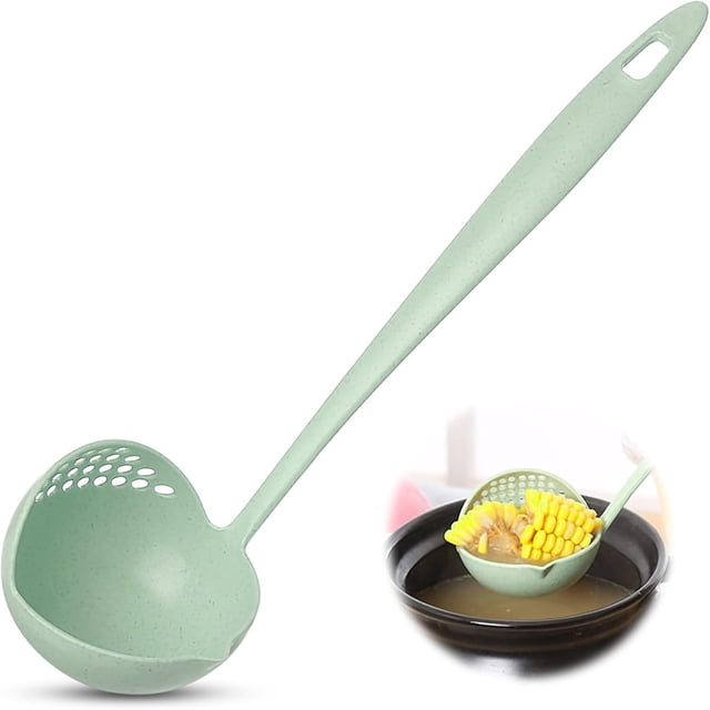 Cucharón de sopa 2 en 1 para cocina, cuchara de cucharón colr de sopa con mango largo para cocinar fácil servir (verde)