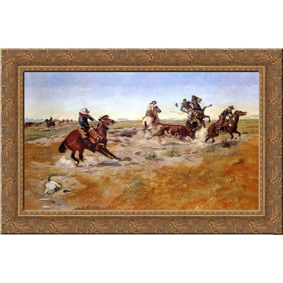 The Judith Basin Roundup 24x16 Gold Ornate Wood Framed Canvas Art by Charles M. Russell