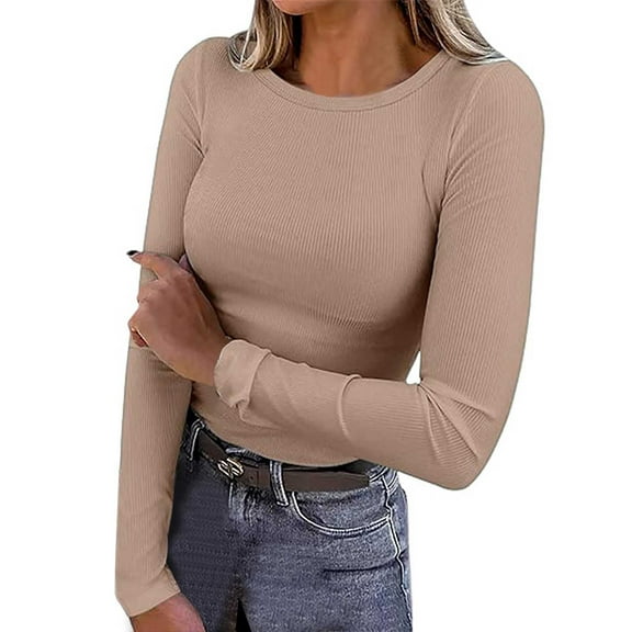 Women's Long Sleeve Ribbed Stretch Crewneck Fitted Casual Basic Tee T-Shirt