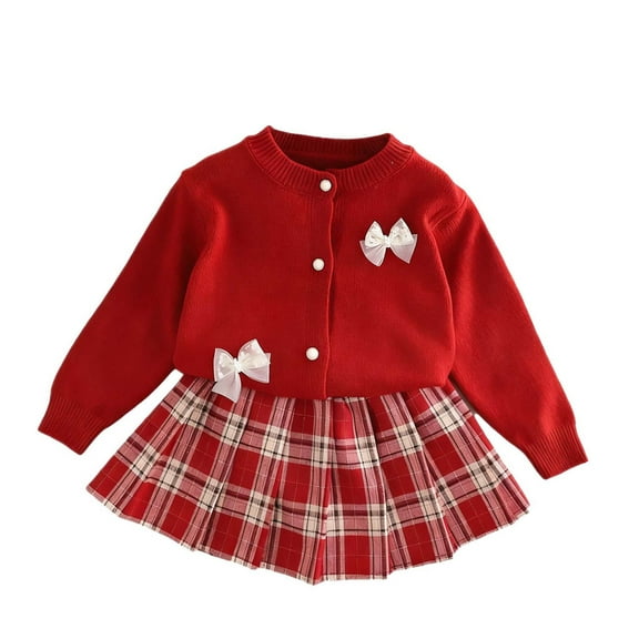 IVEYRTF Girls Knit Sweater Top and Skirt Set Long Sleeve Cute Bow Tie Casual Fall Winter Soft Fit Outwear 2 Piece Outfit for Kids 1-8 Years(Red,2-3 Years)