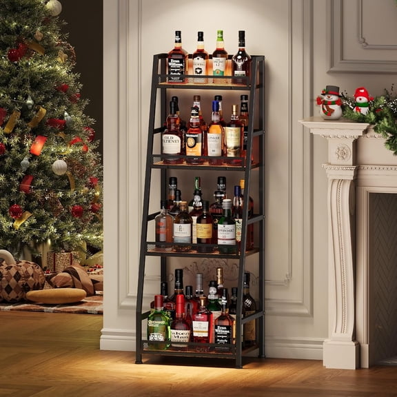 4-Tier Trapezoid Liquor Stand for Home Bar, Stepped Wine Rack Freestanding Floor for Liquor Whiskey Wine, Versatile Corner Wine Bottle Display Stand with Fences, Vintage Brown（Patent Pending）