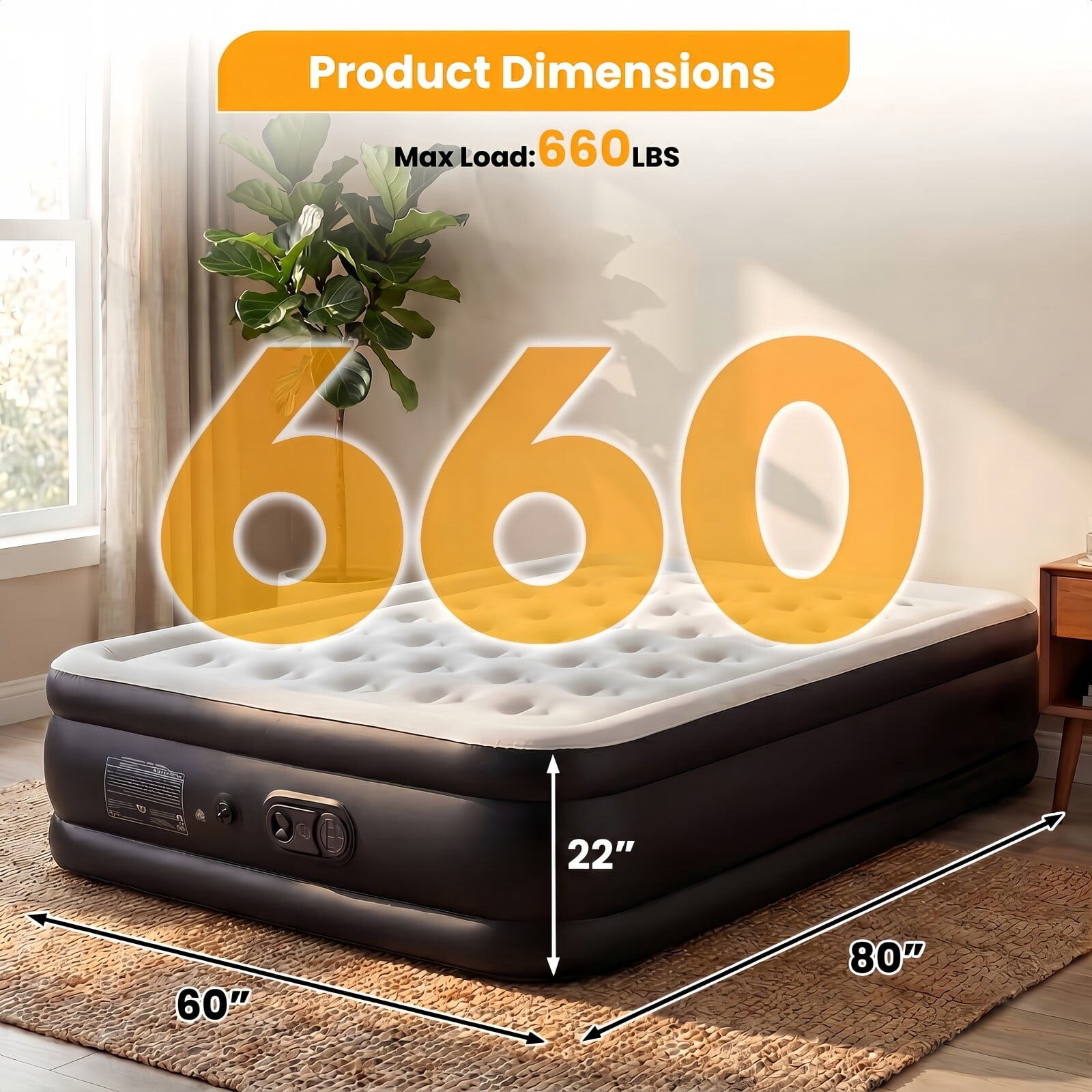 Kelno 22" Queen Air Mattress with Built in Pump Portable Inflatable Bed with Non Slip Bottom, Black