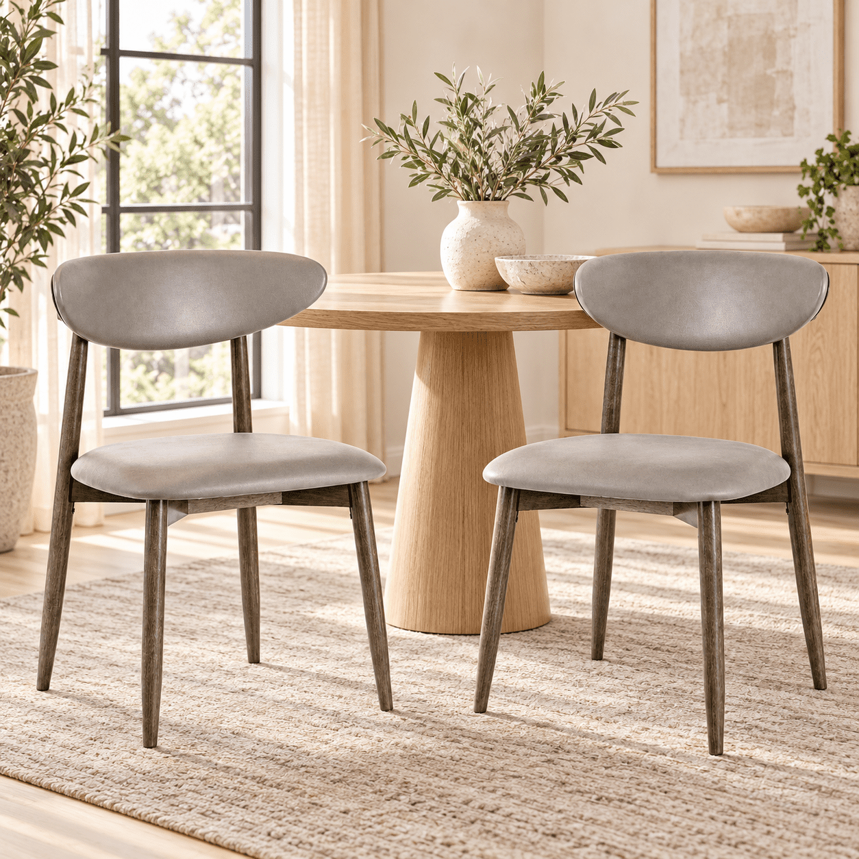 Furnibear Upholstered Dining Chairs Set of 2 with Curved Backrest and Rubber Wood Legs for Kitchen and Dining Room Modern Seating, Gray