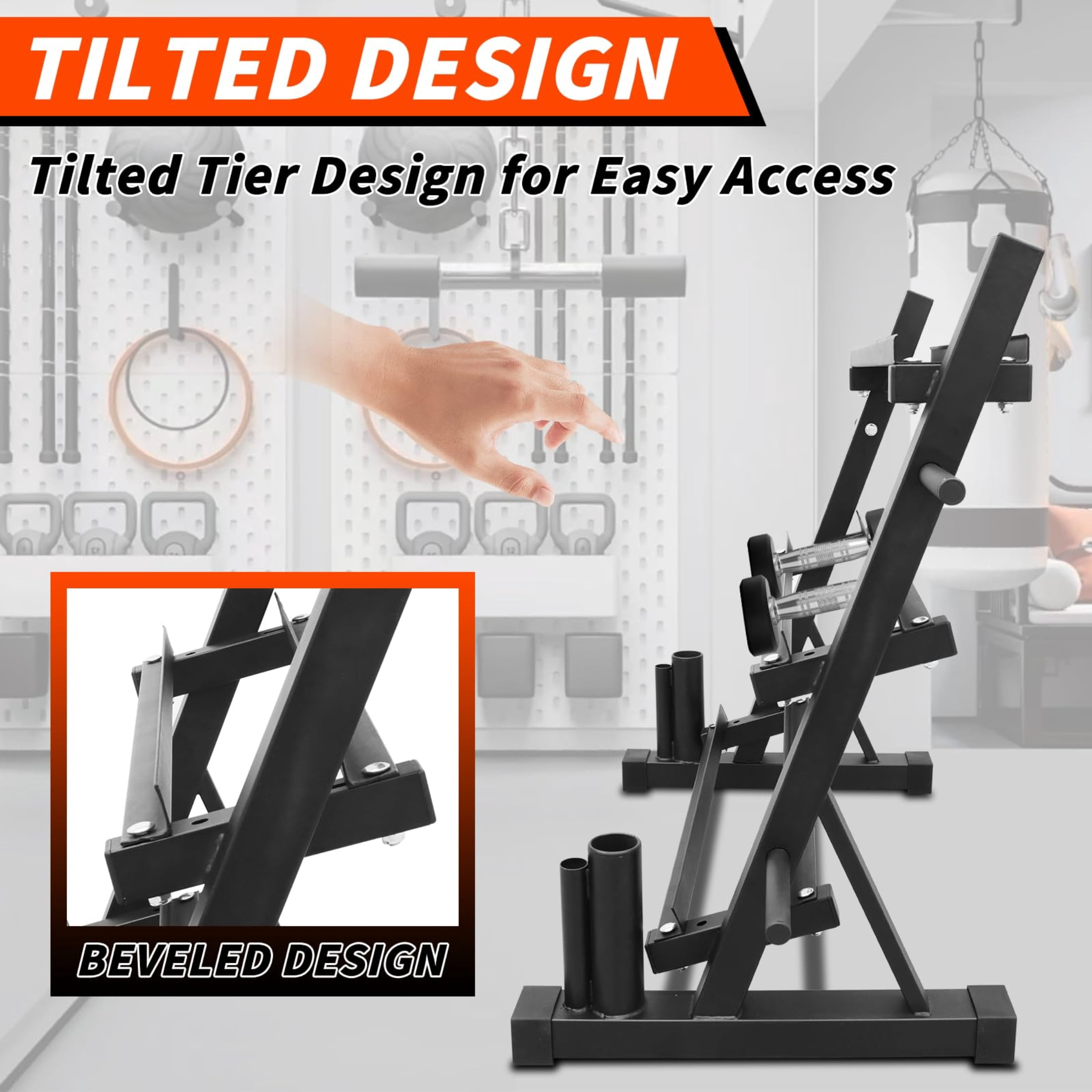 HOUGEET Dumbbell Rack – 3 Tier Adjustable Weight Storage Stand with Side Barbell Plate Holder – Multi Purpose Home Gym Organizer for Dumbbells