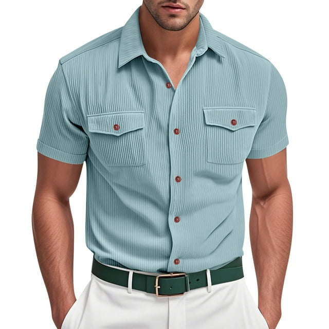 pstuiky camisetas para hombre, Camisa informal de verano para hombre, de color liso, con botones, bolsillo y manga corta con solapa ropa de hombre m