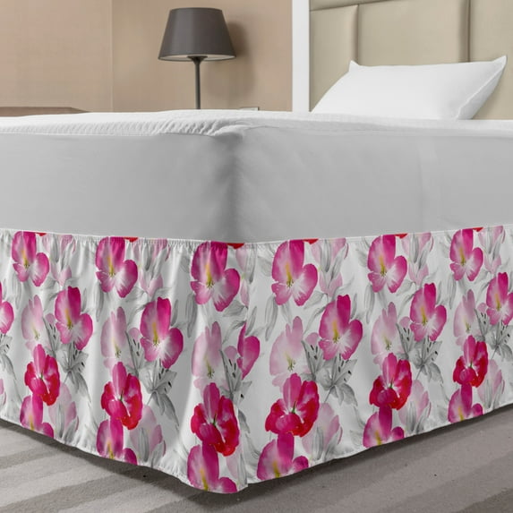 Flower Bed Skirt, Watercolor Flowers Bloom Botanical Element Illustration Romantic Composition, Elastic Bedskirt Dust Ruffle Wrap Around for Bedding Decor, 4 Sizes, Hot Pink and White, by Ambesonne