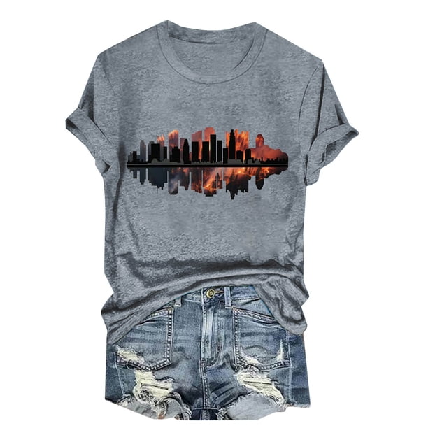 Camisetas de Manga Corta para las Mujeres de Moda Imprimir Cuello Redondo Camiseta, Mezcla de Poliéster Ligero para Primavera Verano Otoño
