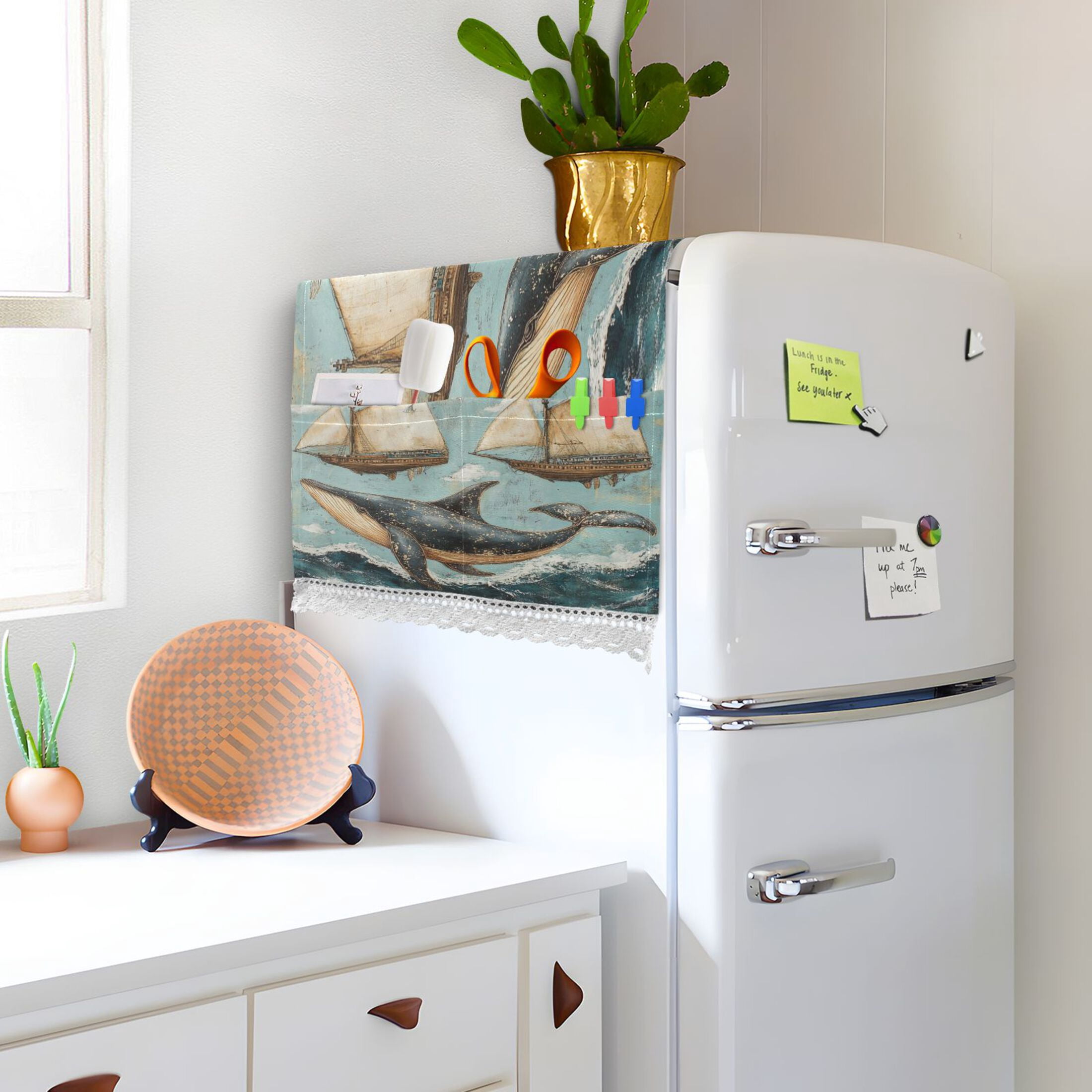 Whales Swim with SailboatsWasher and Dryer Covers Dust-Proof and Oil Resistant Fridge Cover with 4 Storage Pockets Washing Machine Top Cover for Laundry Kitchen Home 51.2 x 22 In