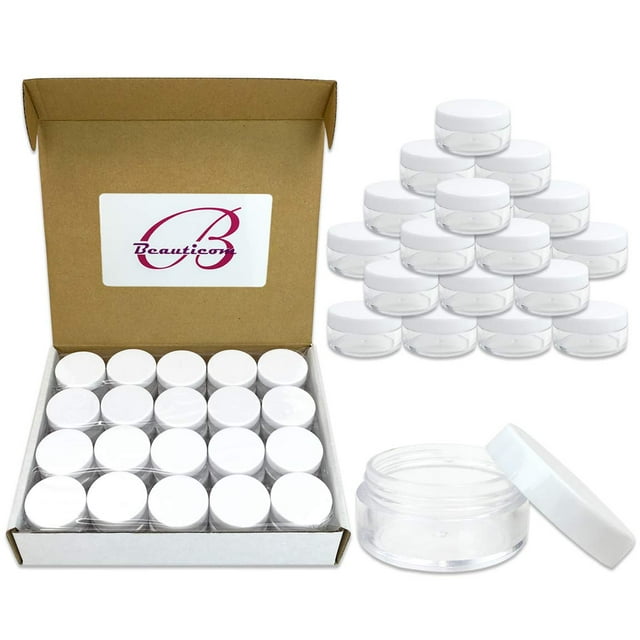 Beauticom Frascos redondos transparentes de 0.35 oz/0.3 fl oz (0,35 onzas líquidas) con tapas superiores redondas para cremas, lociones, maquillaje, polvos, purpurina y más... (Color: Tapa blanca Cant