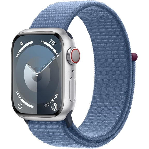 Pre-Owned Apple Watch Series 9 With Blood Oxygen. GPS + Cellular 45mm Aluminum Case with Winter Blue Sport Loop. - Silver (Fair)