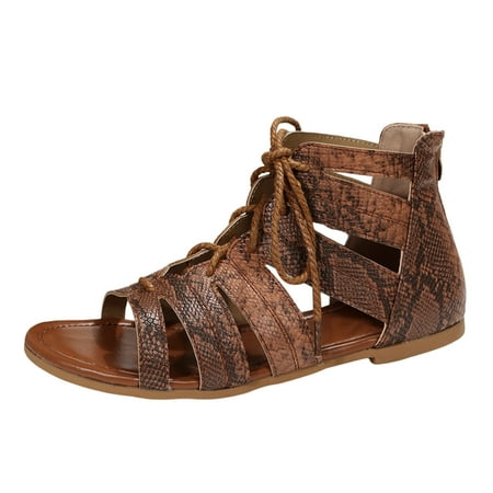

ZTTD Ladies Fashion Summer Pattern Print Leather Lace Up Open Toe Back Zipper Flat Sandals Brown