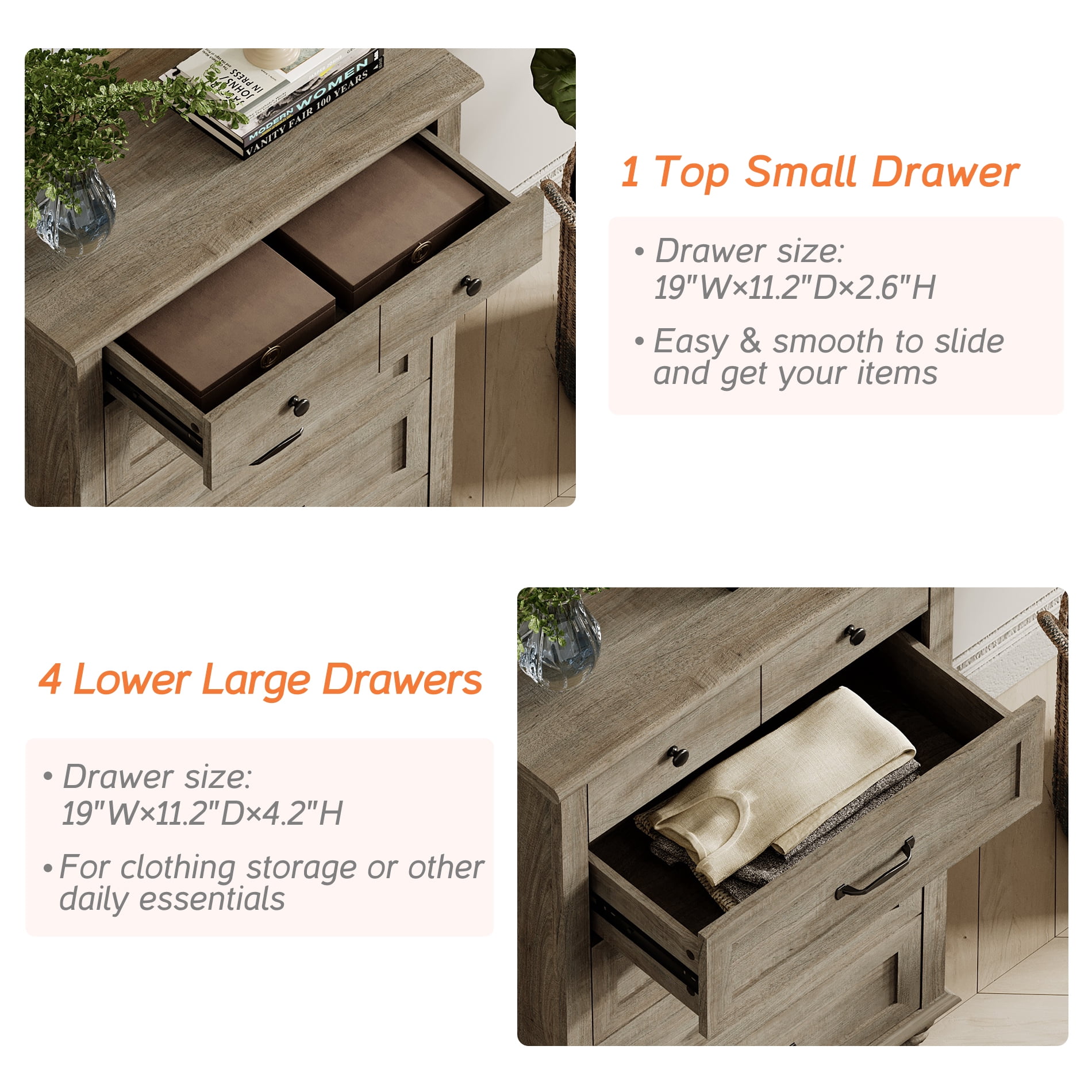 Grey Wood Chest of Drawers, Farmhouse Dresser for Bedroom & Living Room