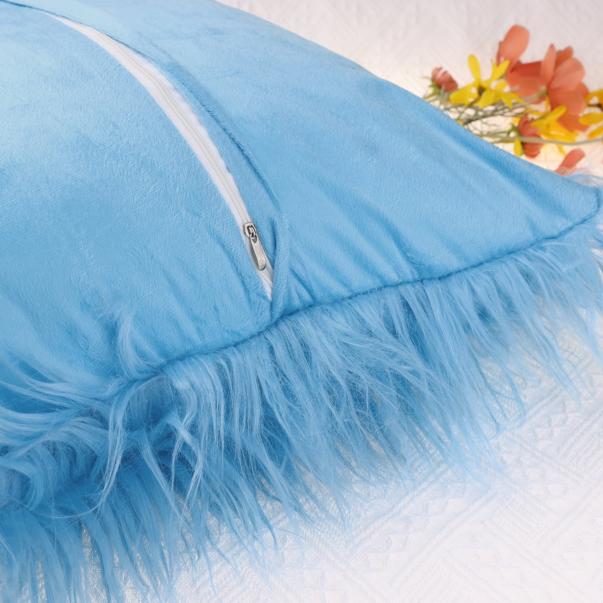 Unique Bargains Faux Fluffy Zipper Closure Cushion Covers Throw Pillow Covers (2 Count) Light Blue 18" x 18"