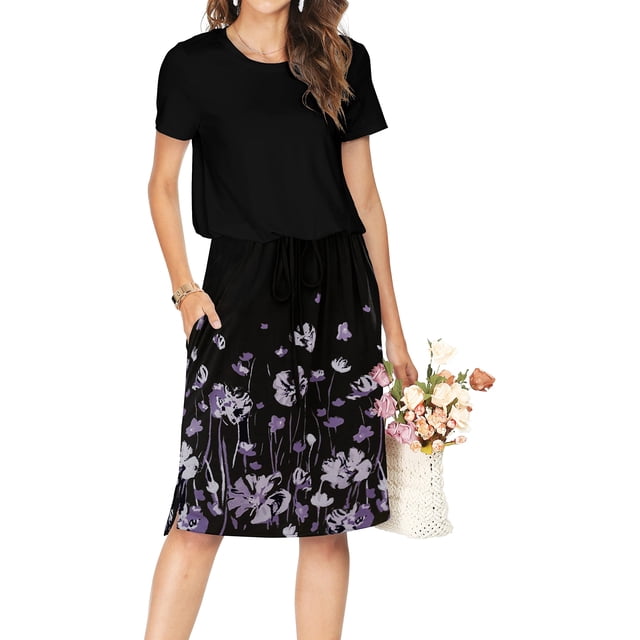 Vestido casual Simier Fariry para mujer, estampado floral, negro, talla S