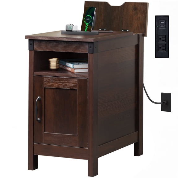 GALAXHERO End Table with Charging Station Narrow Side Table with Storage Night Stand with USB Ports and Outlets Small Wooden Cabinet for Living Room and Bedroom Espresso