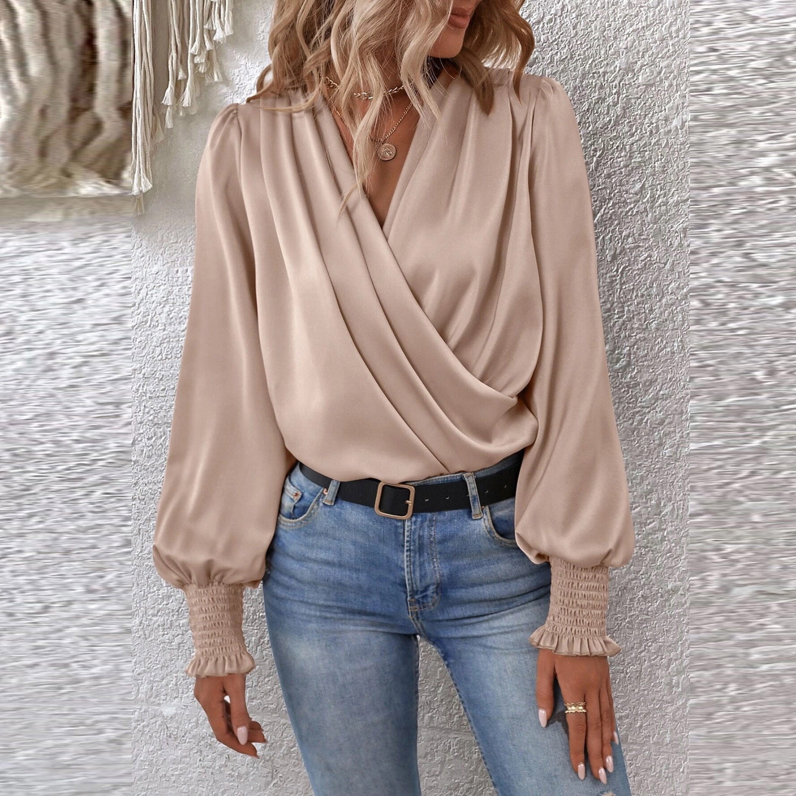 XFLWAM Women's Satin Silky Cowl Neck Tops Draped Wrap V Neck Ruched Front Long Sleeve Blouse Solid Color Shirt with Smocked Cuff Beige XL XFLWAM Women's Satin Silky Cowl Neck Tops Draped Wrap V Neck Ruched Front Long Sleeve Blouse Solid Color Shirt with Smocked Cuff Beige XL