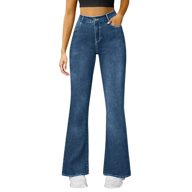 HongQid Women's Trendy Stretchy Flare Jeans Mid Rise Bootcut Curvy Denim Pants
