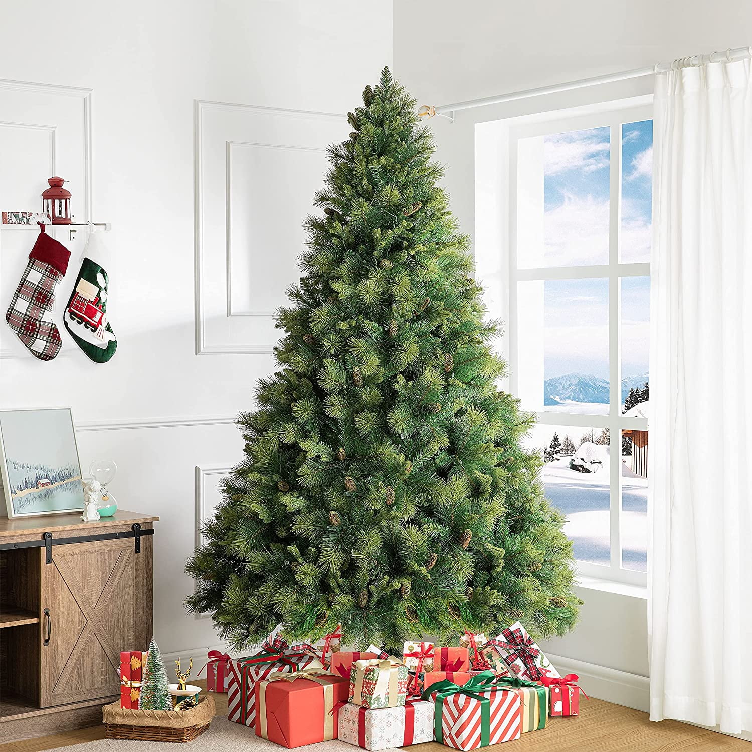 Vail 7.5ft Prelit Artificial Christmas Tree with Pine Cones, Foot Pedal, 1556 Branch Tips, 750 