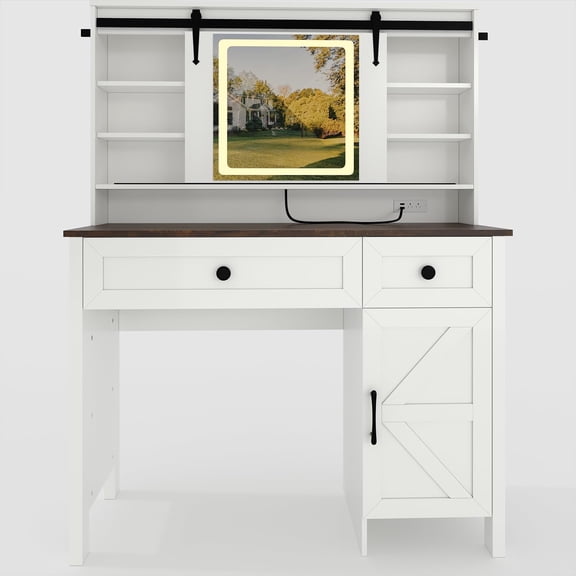 Makeup Vanity Desk with LED Lighted Mirror, Charging Station, 3 Drawers, Storage Cabinet, Shelves and Stool, Modern Dressing Table for Women and Teen Girls