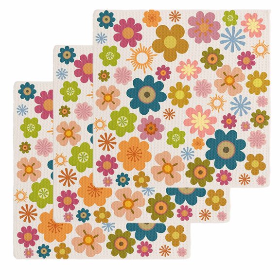 Vintage Boho Floral Kitchen Dish Towels for Drying Dishes Set of 3, Yellow Pink Floral Bohemia Beige Waffle Weave Microfiber Hand Tea Bathroom Towels Quick Dry & Absorbent Towel 12x12