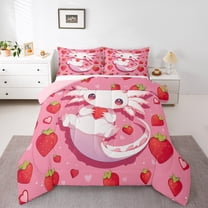 Manfei Ocean Animal Axolotl Bedding Comforter Set,Pink Salamander Twin Comforter SetsRed Starwberry Bedding Set For Girls Boys,Luxury Bedroom Decor Reversible,2 Pieces