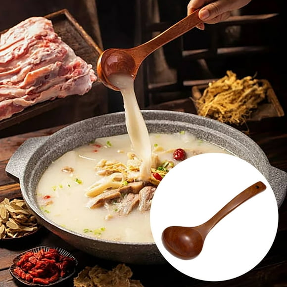 SHAGUOZHOU round Table Runner Plate Charger Plate Mates Wooden Long Handle Spoon For Soup Deep Serving Spoon Large Kitchen Teak For Cookware Versatile Utensil 10 Inch Smooth Finish Lightweight