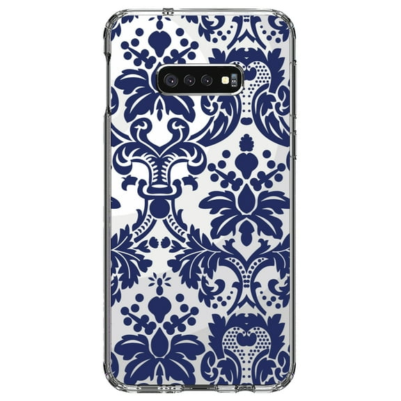DistinctInk Clear Shockproof Hybrid Case for Samsung Galaxy S10e (5.8" Screen) - TPU Bumper, Acrylic Back, Tempered Glass Screen Protector - Blue Grey Damask
