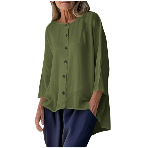 Scyoekwg Women's Linen Tops Long Sleeve Button Crew Neck Tunic Shirts Solid Blouses for Seniors Casual High Low Tunic Tops (Army Green,XXL)