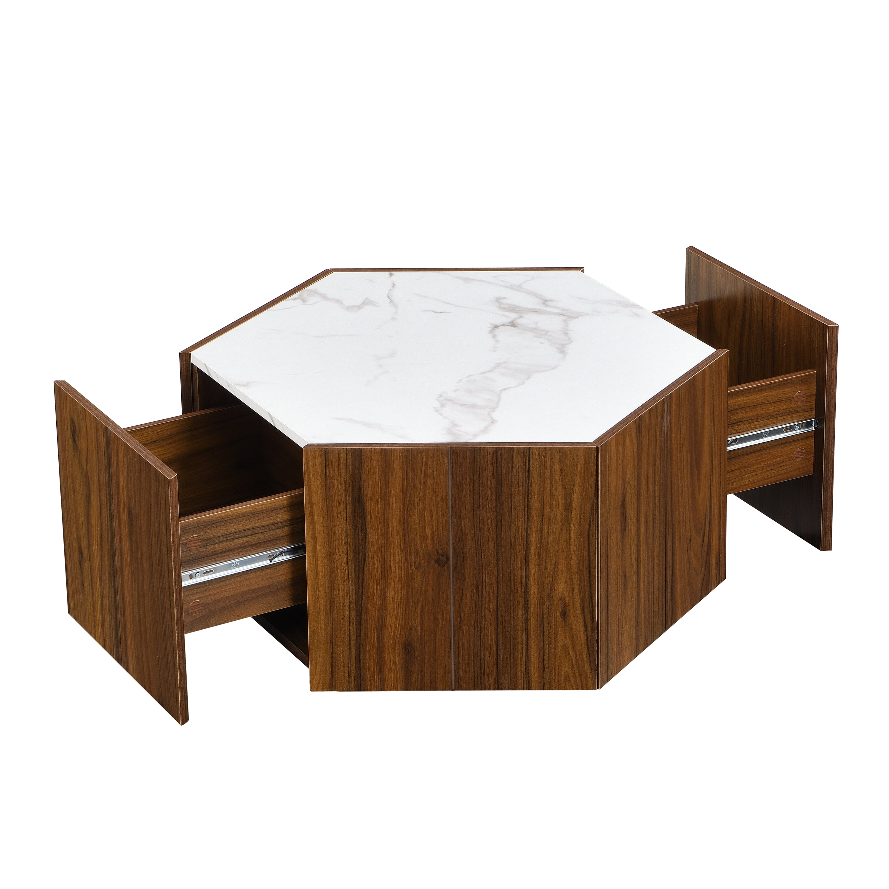 Euroco Hexagonal Rustic Retro Wood Coffee Table, with 2 Hidden Drawers, Textured White Marble Tops, Walunt Oak Finish - Perfect for Living Room & Reception Areas