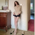 thumbnail image 3 of American-style vintage women's tencel long-sleeved shirt with polo collar and loose pocket design, 3 of 9