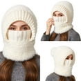 thumbnail image 5 of Women's 3-in-1 Ribbed Knit Hat with Integrated Scarf, Winter Face Mask Beanie, Thermal Ear Flap Trapper Cap, Cold Weather Balaclava Style, Unisex Outdoor Winter Gear - White, 5 of 7