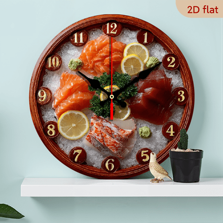 2D Flat 1pc 10Inch Wooden Sushi-Themed Wooden Wall Clock - 10Inch Round Farmhouse Decor with Japanese Fish Design, Easy-to-Read Hands, No Ticking Sound, Battery Operated (AA Not Included) for Kitc