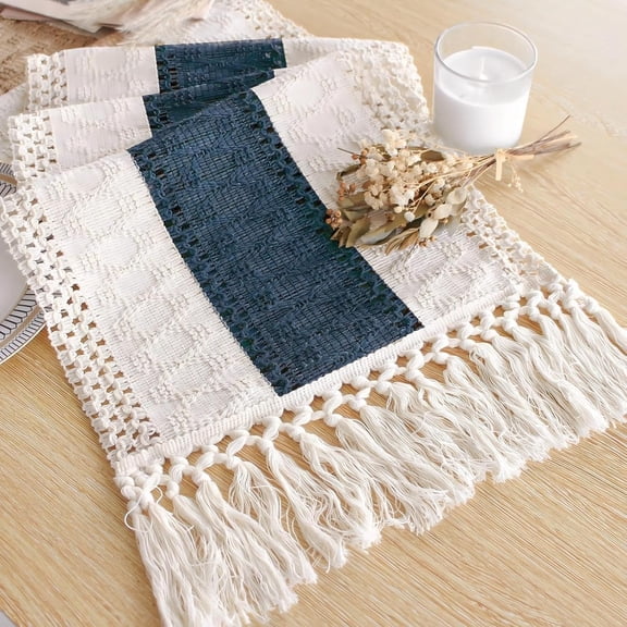 OWNTIDE Boho Table Runner for Home Decor with Tassels 60 Inches Long,Blue Farmhouse Rustic Table Runner Macrame Burlap Table Decoration for Living Room Bridal Shower(12x60 Inches)