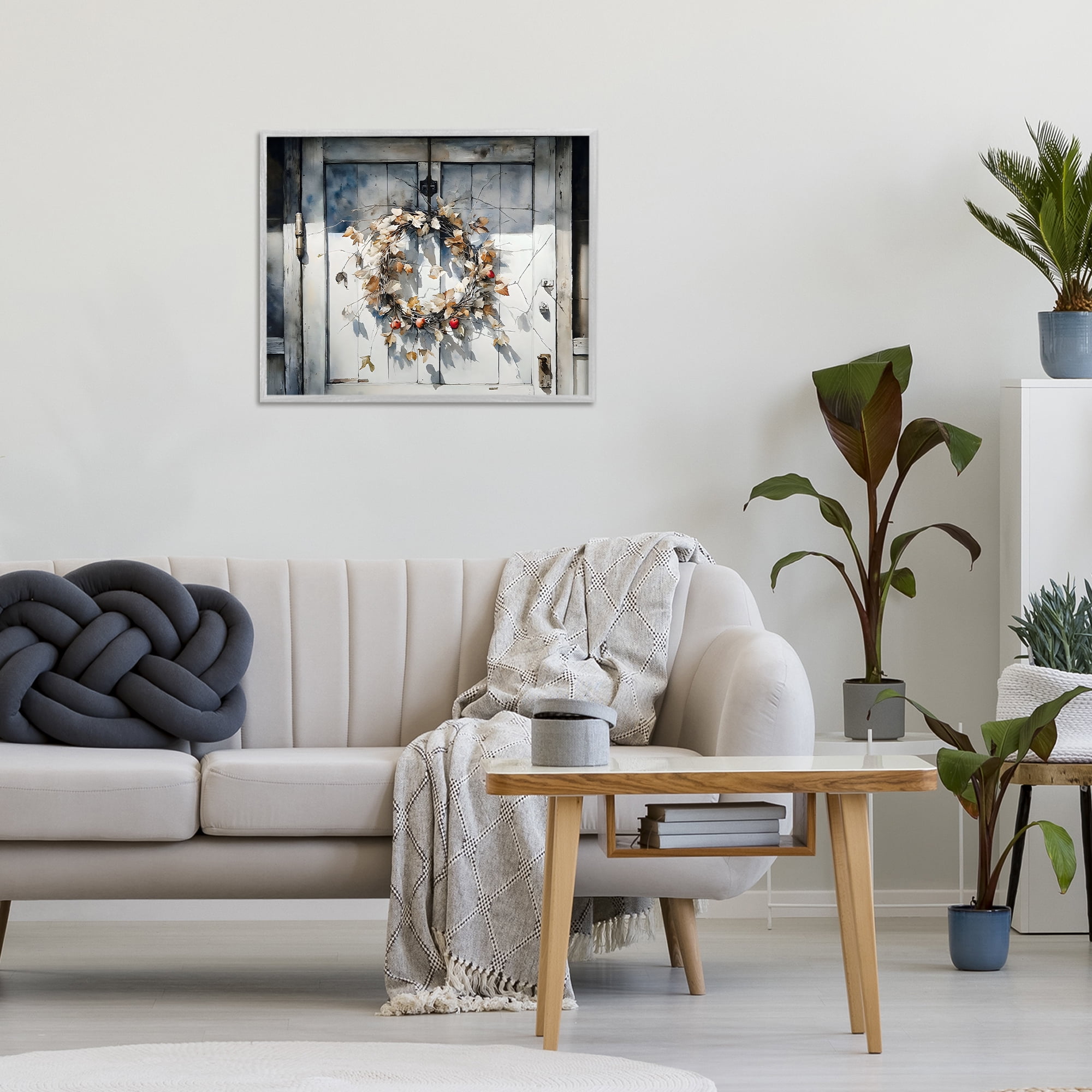 Stupell Industries Rustic Wreath on White Door Gray Framed Giclee Art, design by Franklyn Gregory