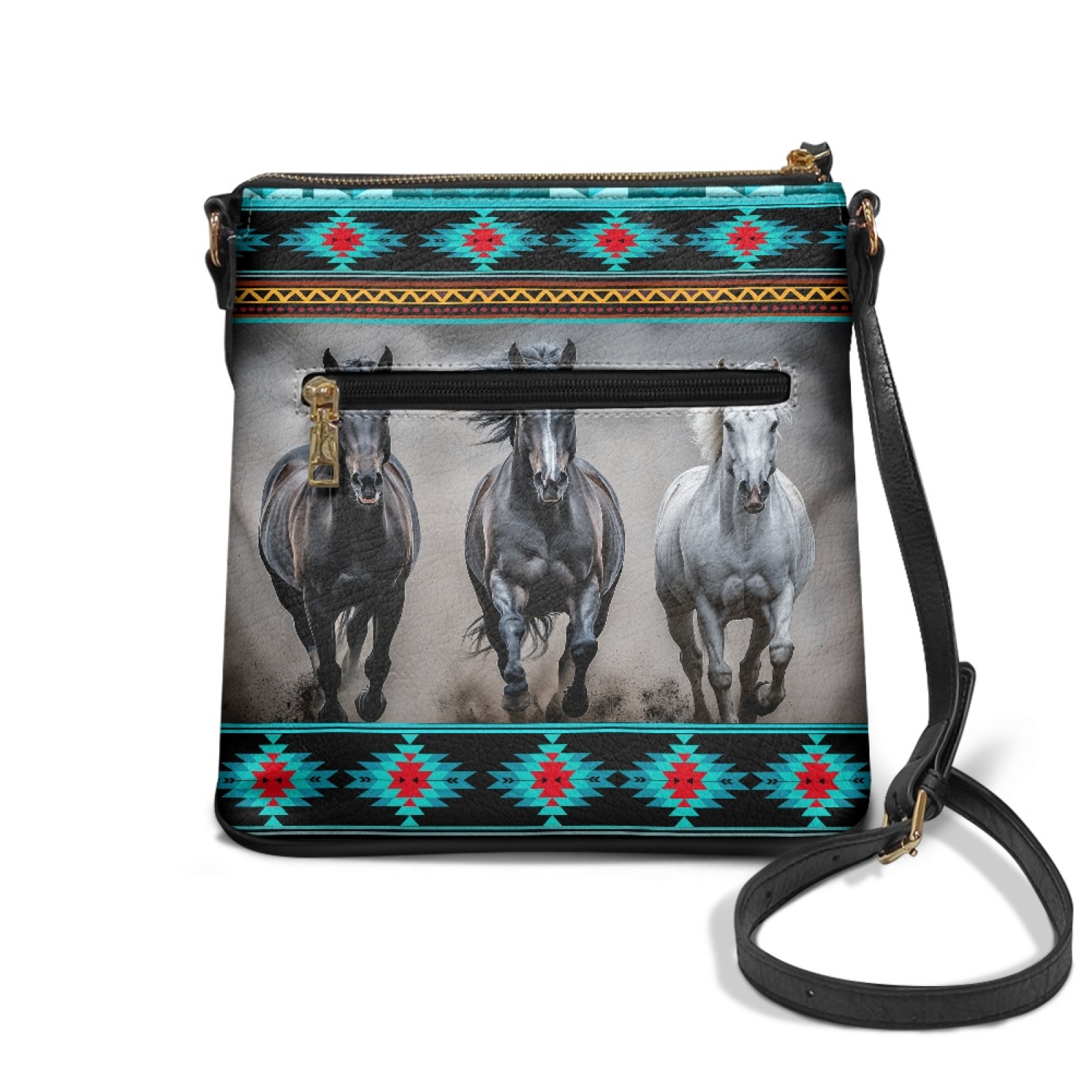 LedBack Aztec Horse Print Leather Women Hobo Bag Crossbody Satchel Purse with Adjustable Strap, Portable Sling Shoulder Purse Handbag Messenger Bag for Shopping Travel, Blue and Grey