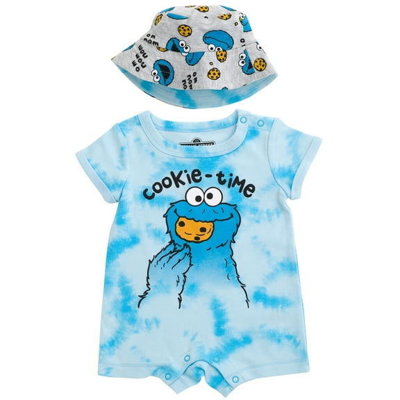 Sesame Street Cookie Monster Newborn Baby Boys Romper and Hat Newborn to Infant