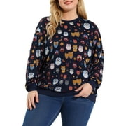 Agnes Orinda Women's Plus Size Fall Winter Pullover Cute Owl Pattern Sweatershirt 2X Navy Blue