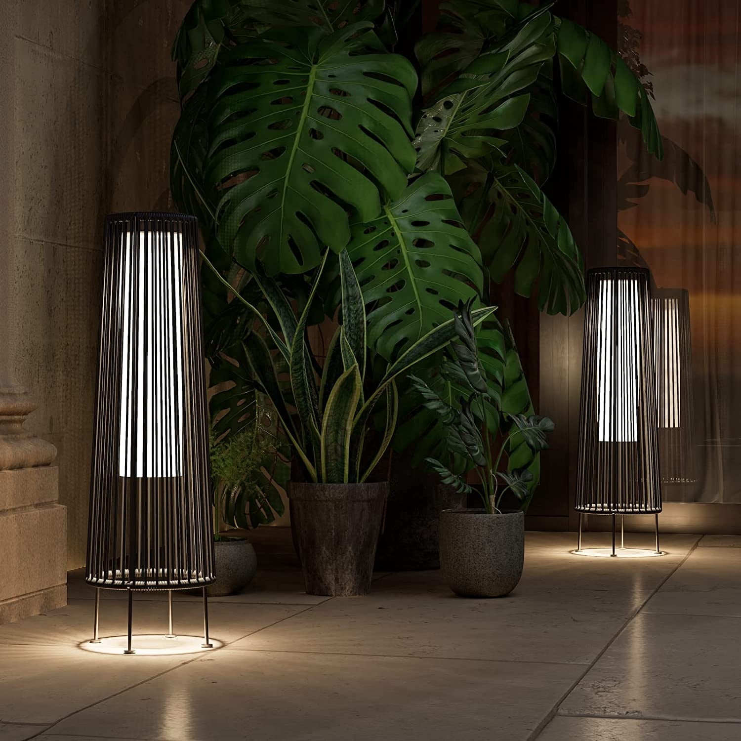 Outdoor Floor Solar Light 2-Pack, All-Weather Wicker Solar Patio Lamp, Gray