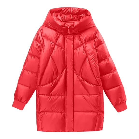 ABATAB Women Long Puffer Coats Winter Hooded Long Sleeve Quilted Padded Jackets Full Zipper Warm Thicken Parka Outerwear(X-Large,Red)