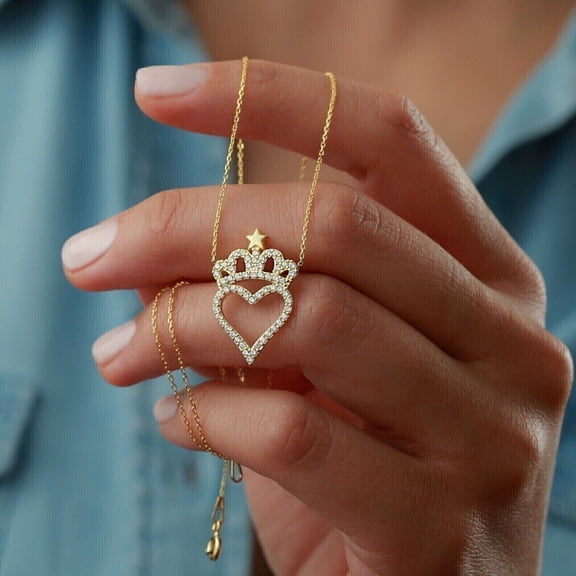 1.50CT Round Cut Lab Created Diamond 14K Yellow Gold Plated Heart Crown Pendant 18"