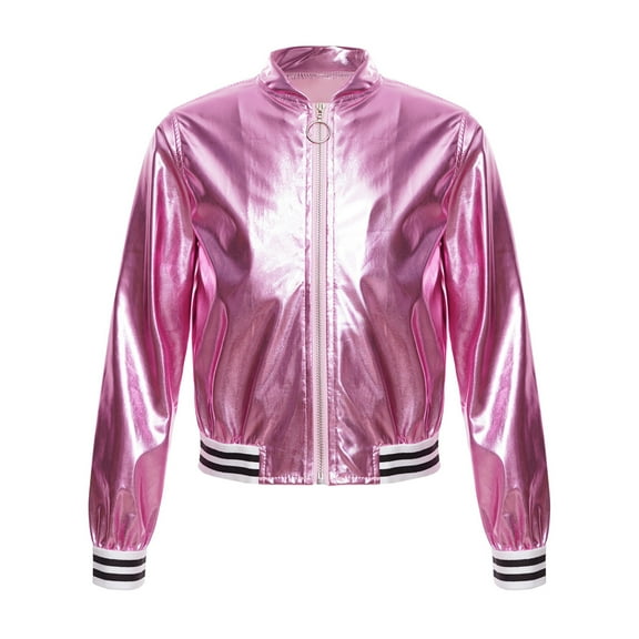 Linjinx Girls Boys Sequined Metallic Bomber Jacket Zip Up Coat Outerwear for Hip Hop Jazz Sports Pink 14