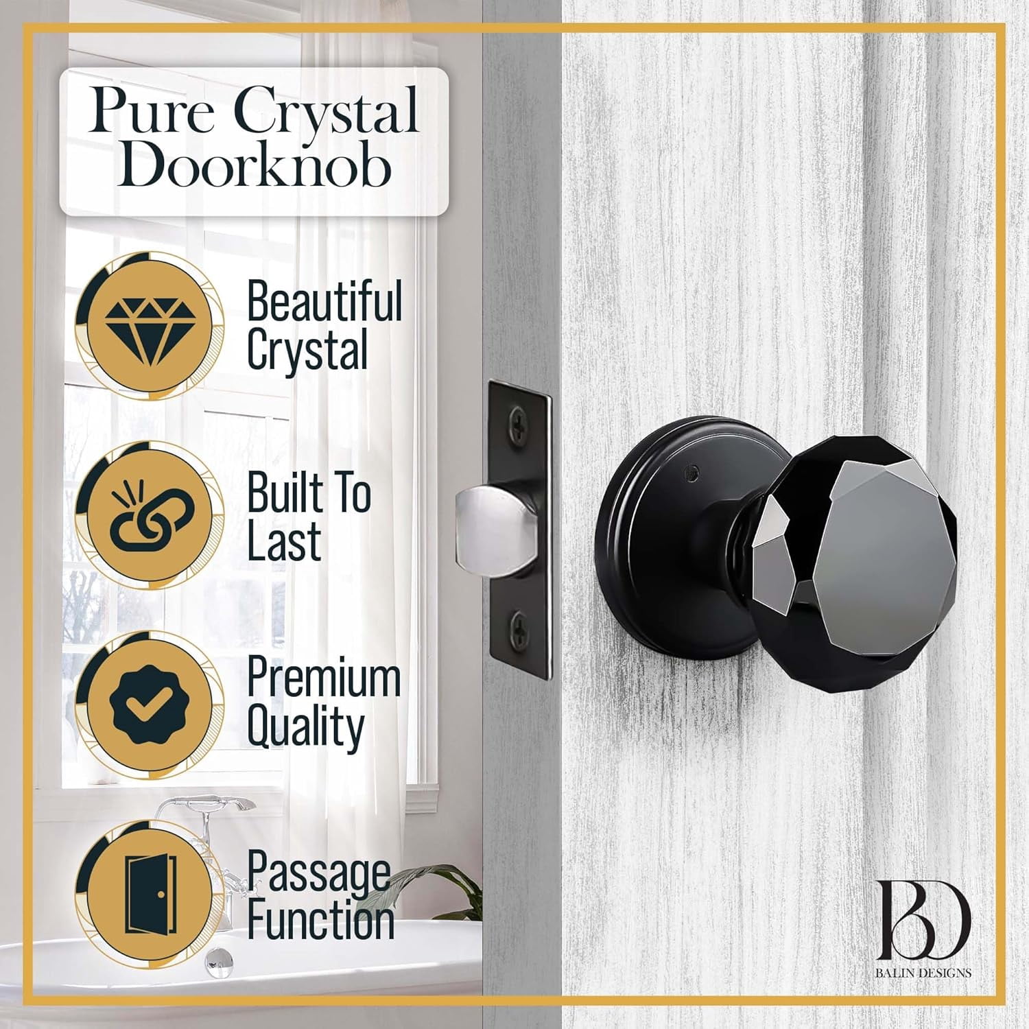 Balin Designs Crystal Doorknob by Balin Designs (Matte Black) - Decorative Hardware Interior Keyless Passage Door Lock for Hallway Passage, Kitchen, or Other Doors (1 Pack)