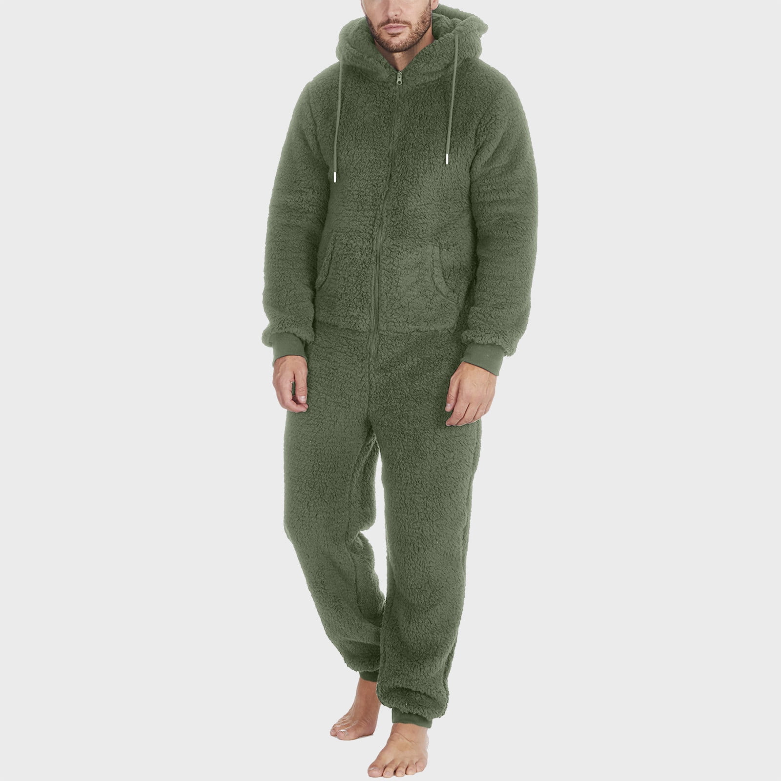 Mens Fuzzy Fleece Hooded Jumpsuits Long Sleeve Zip Up Piece Plush Pajamas Onesies Big and Tall Overall Rompers