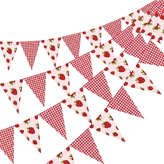 4 Pack Strawberry Gingham Pennant Banner, DIY Assemble Triangle Flag Garland with Free 20m String for Girls Berry Birthday Baby Shower Decor