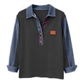 thumbnail image 7 of Women's Waffle Knit Denim Trim Collared Pullover Vintage Half Button Long Sleeve Casual Jean Tops, #02 Gray, M, 7 of 7